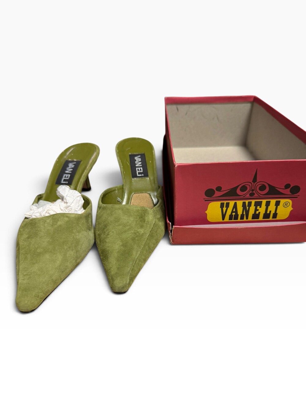 VANELI Olive Green Suede Mules Pointed Toe Kitten Heel Shoes